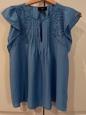 Rains Light Blue Embroidered Flutter Sleeve Top